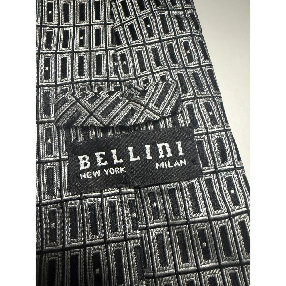 Bellini New York Milan Mens Silk Tie Silver Black Geometric Hand Made Necktie
